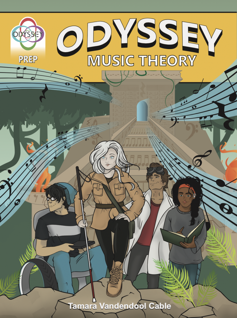 Odyssey Music Theory Book Cover A Yellow band across the top in comic style says Odyssey Music theory. 4 characters pose in front of a stepped temple with notes blasting out the entrance