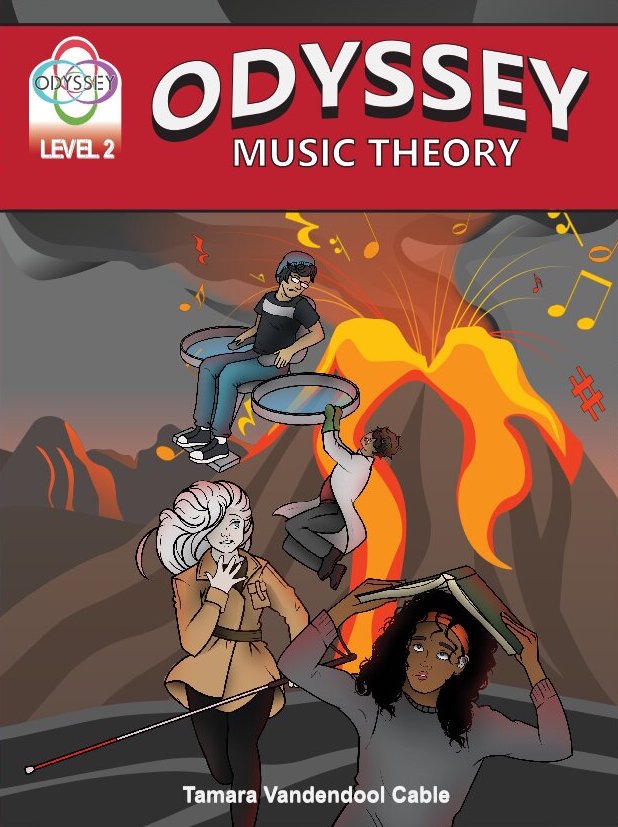 Level 2 book with red cover. Team odyssey runs from a volcano exploding music symbols.