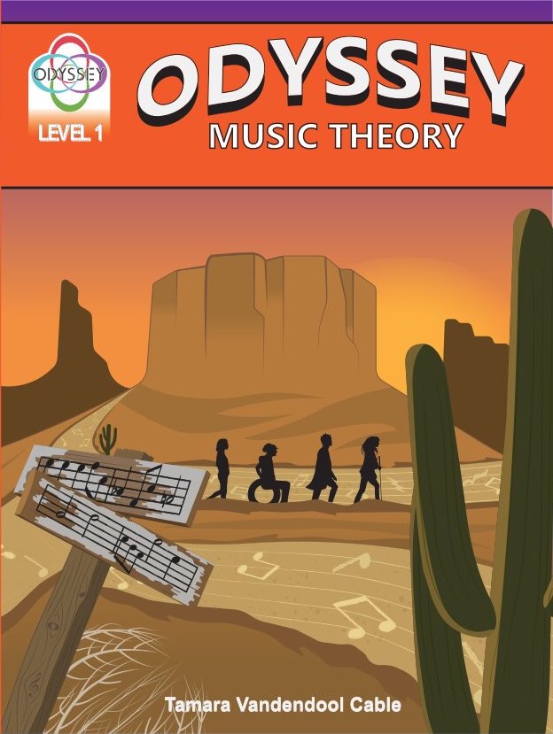 Level 1 book cover with an orange band team odyssey treks across a desert while music notes swirl around them