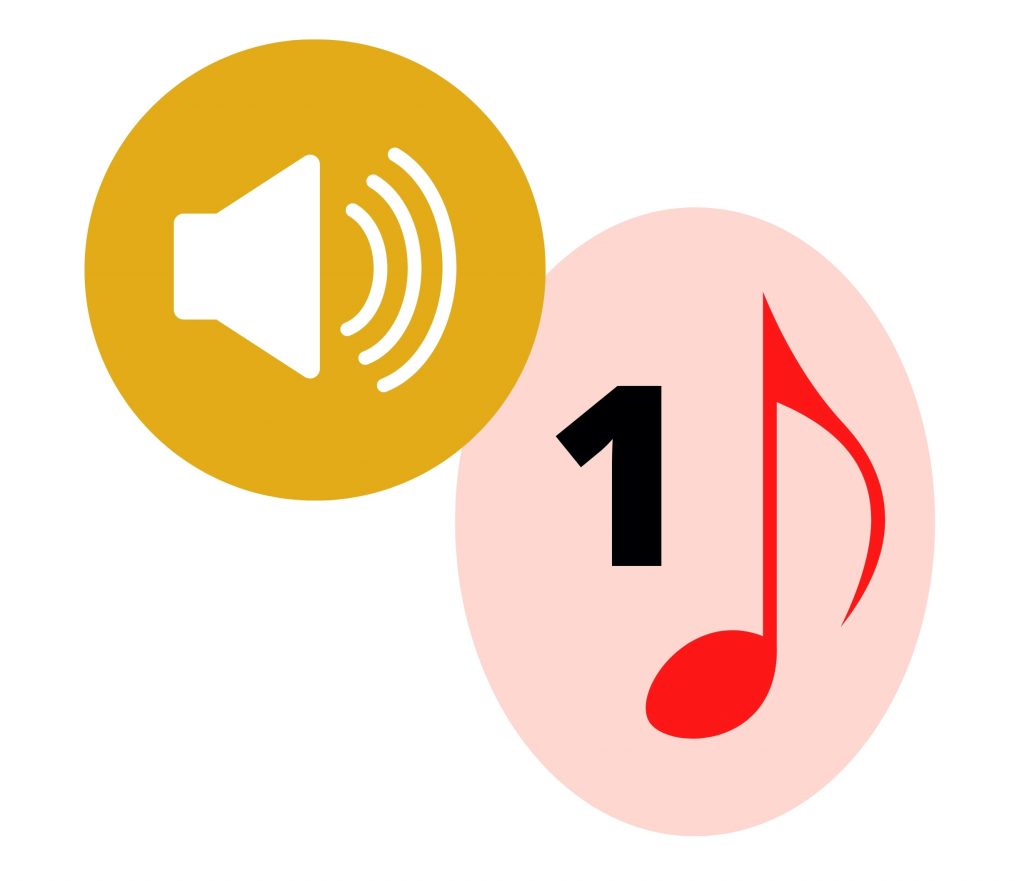 an image of a light red oval with the number 1 and an eigth note is shown, it sits next to a simple speaker showing sound waves in gold.