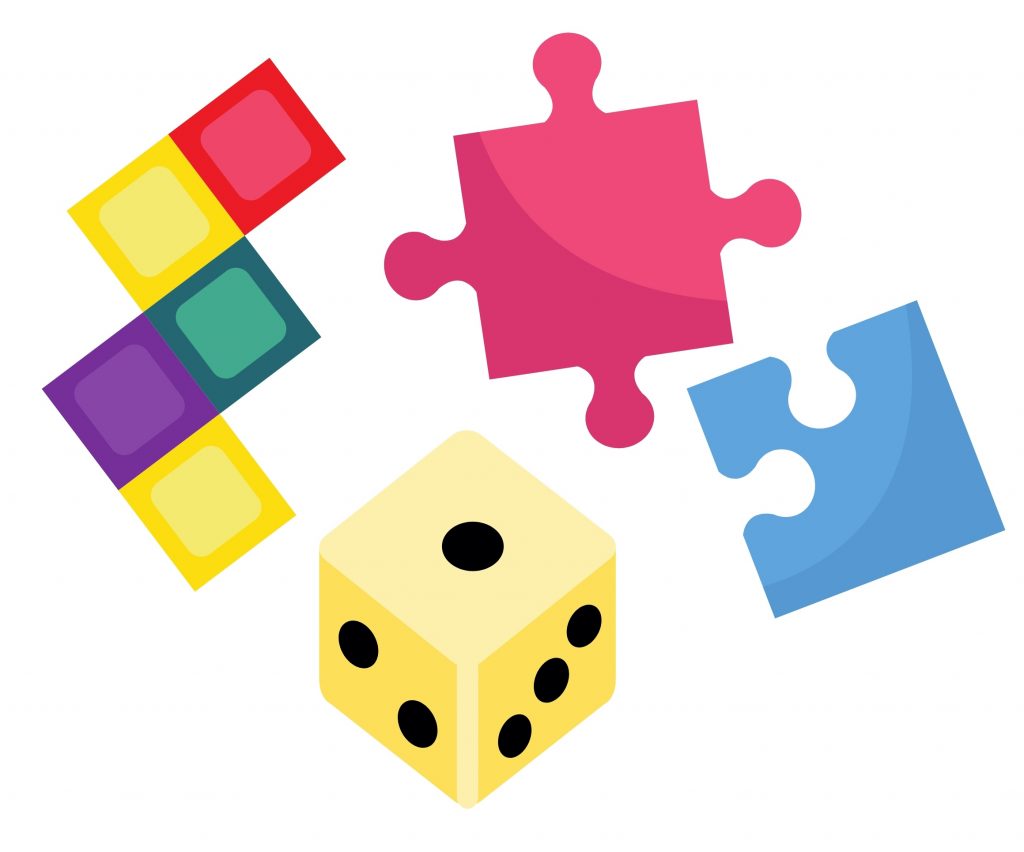 an image of A Dice, puzzle pieces and colourful game board