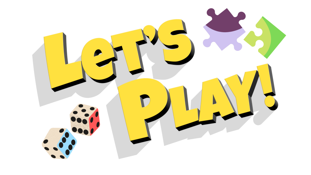 Bold Yellow text Says Let's Play with puzzle pieces and dice.