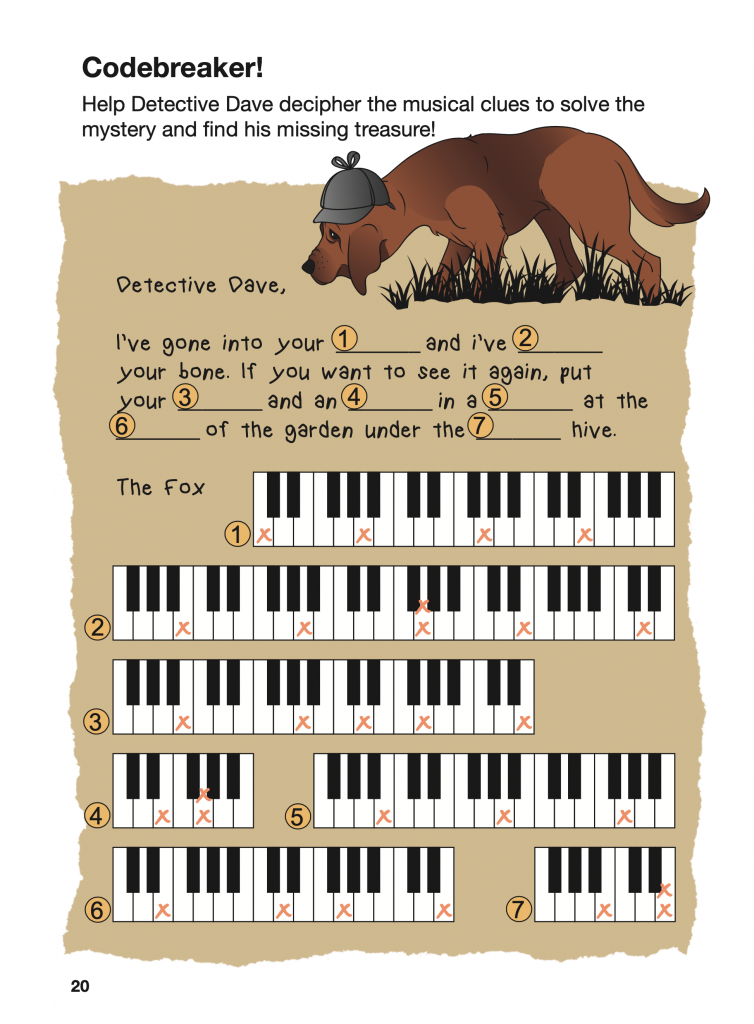 A page showing a puzzle using keyboards with a detective dog