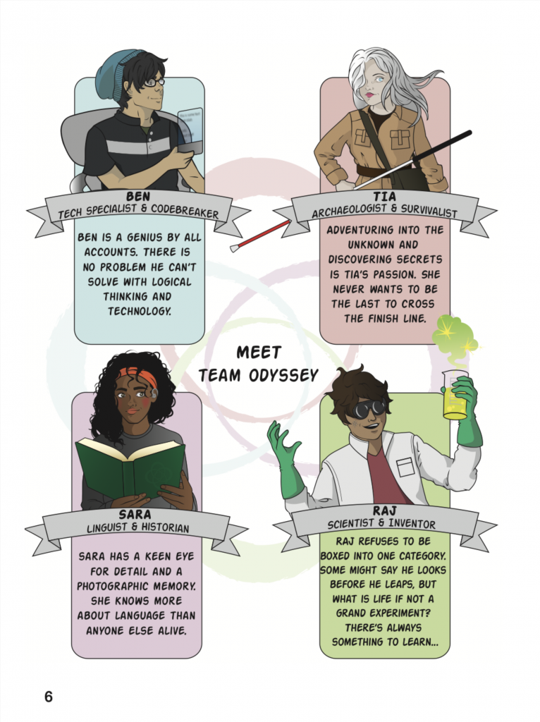 a page called meet team odyssey it introduces the 4 characters in the book