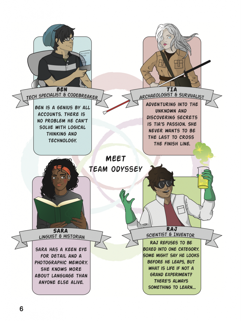 a page showing the 4 characters from the book called meet team odyssey