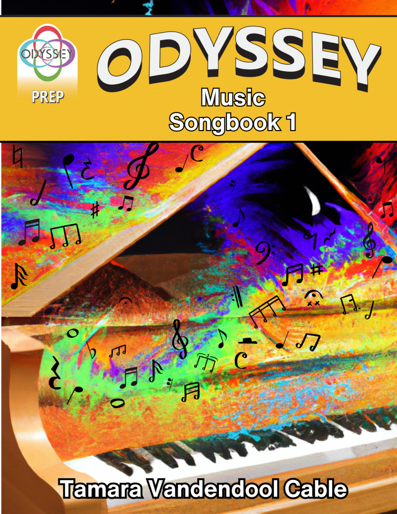 Odyssey Songbook 1 Cover a grand piano exudes and explosion of colourful notes and music symbols with a bright yellow banner spanning the top saying Odyssey Music Songbook 1