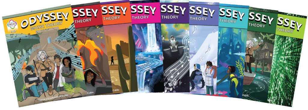 9 Odyssey Music Theory books span a rainbow hued banners from yellow through green each fanned showing action adventures with 4 characters with visible disabilities