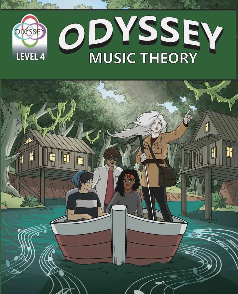 A dark green cover spans a biyu scene Odyssey Music Level 7 the four characters row in a boat along an eerie bayou swamp with ramshackle houses and hanging vines. Music notes are spread in the water behind the wake of their boat