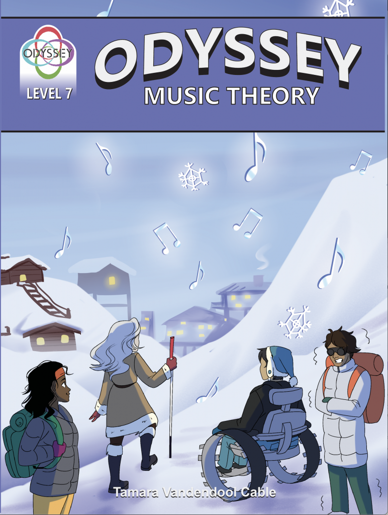 An indigo cover spans a snowy scene with the 4 odyssey characters Odyssey Music Theory Level 5 The characters sit atop a snow-covered peak as crystalline music notes fall around them intermingled with snowflakes