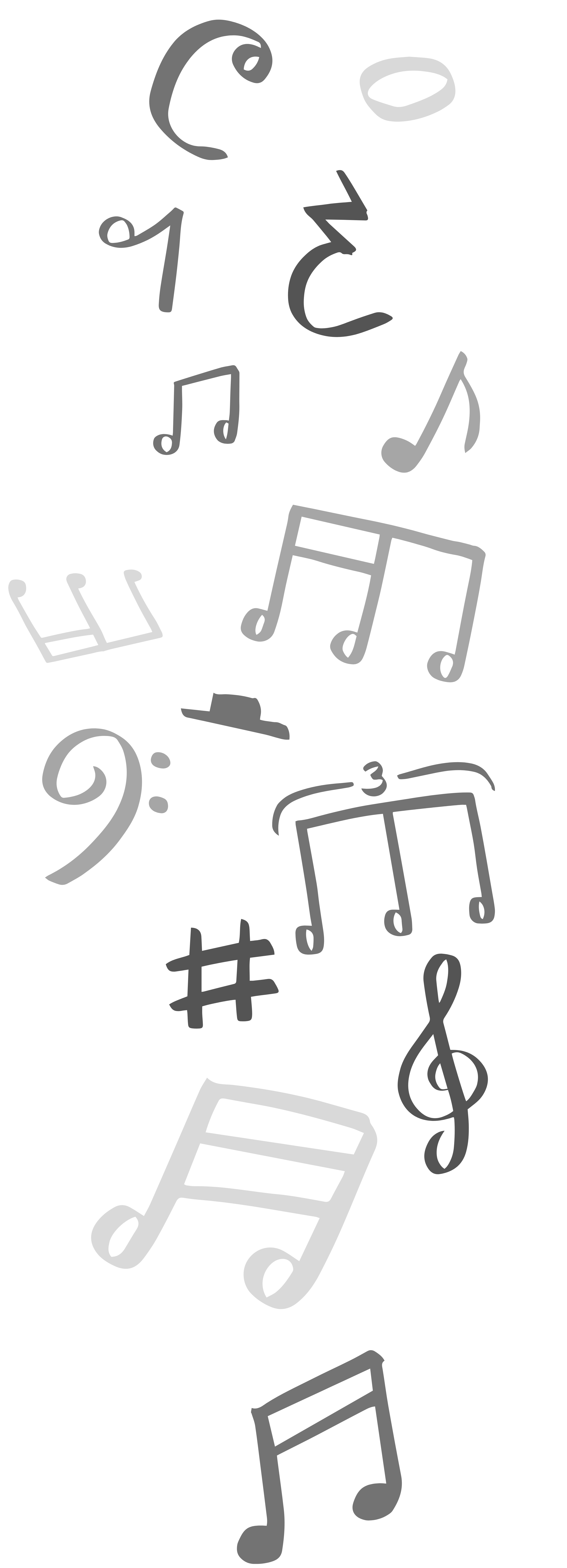 different music symbols falling in different shades of grey