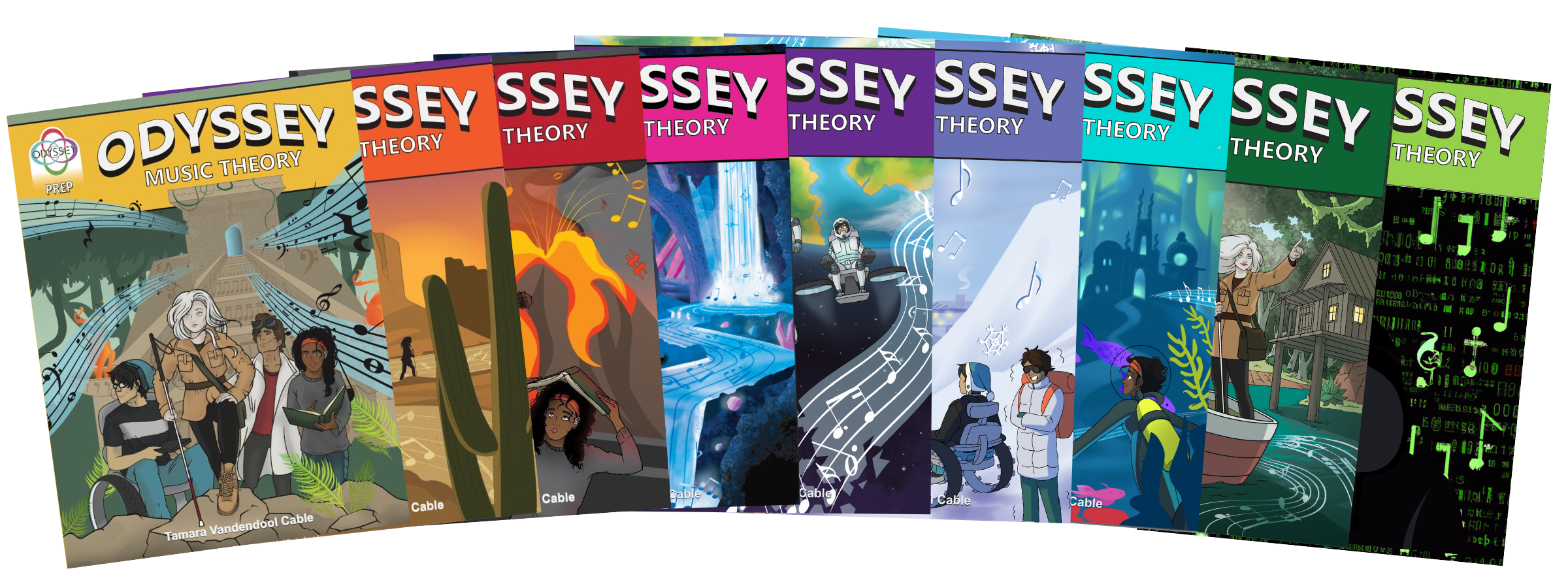 a fan spread of 8 colourful vibrant music theory books with disabled action heroes and music on the front